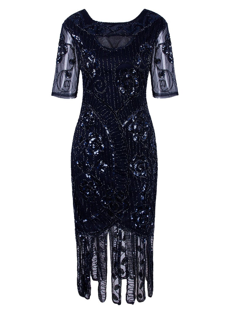 Vijiv Women's Vintage 1920s Style Sequined Beaded Roaring 20s Long Gatsby Flapper Dress with Sleeves for Themed Party, Blue Small - Image 1